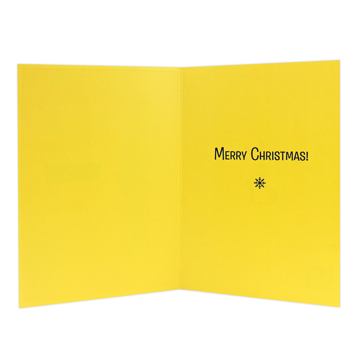 Hallmark Elf Christmas Card - Nice List inside view with yellow colour, featuring the message 'Merry Christmas!' and a snowflake illustration.