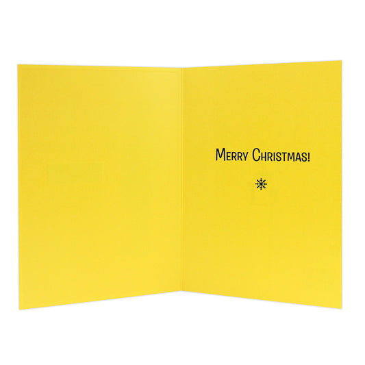 Hallmark Elf Christmas Card - Nice List inside view with yellow colour, featuring the message 'Merry Christmas!' and a snowflake illustration.