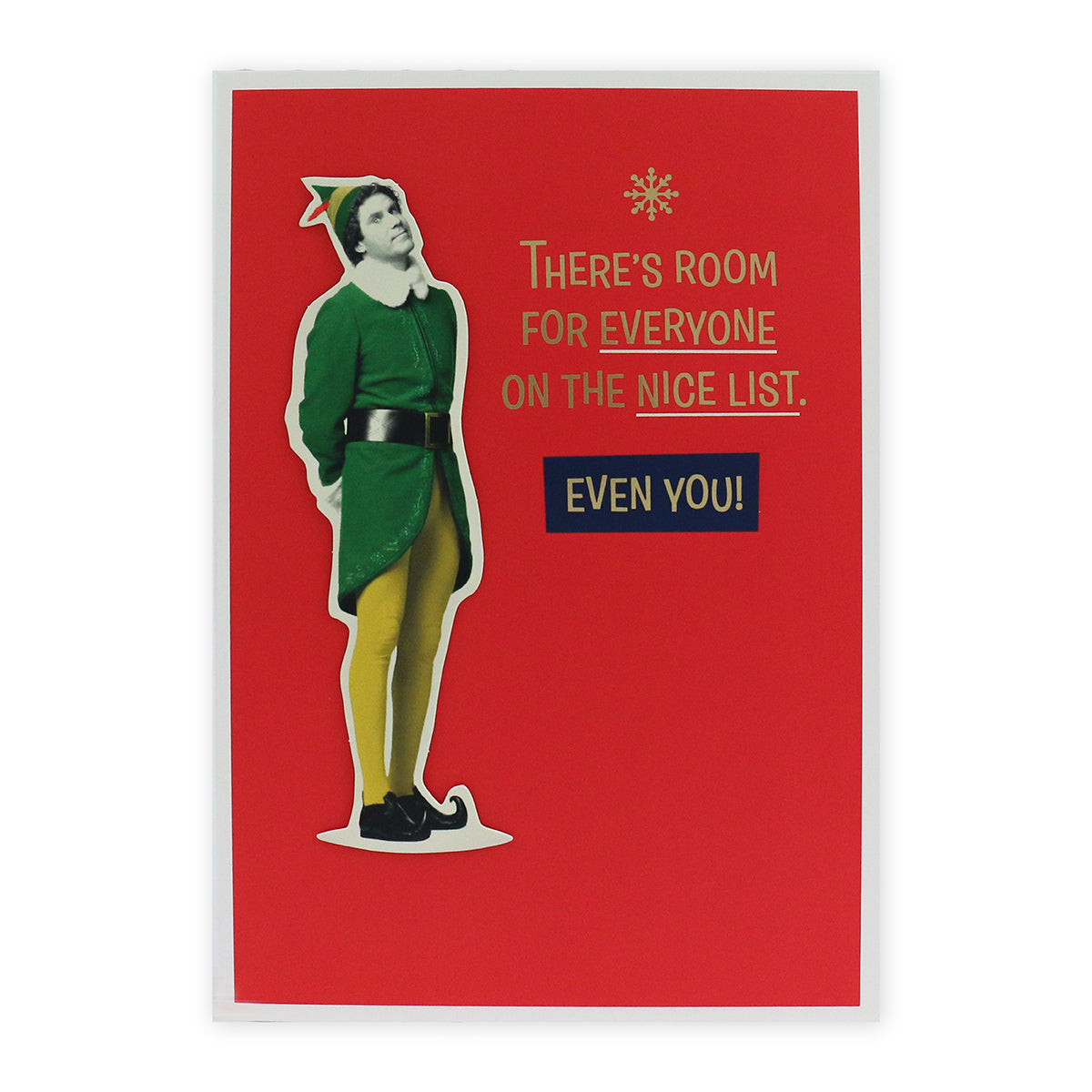 Hallmark Elf Christmas Card - Nice List featuring Buddy from Elf, with 3D plaque and gold foil highlights on a bright red background.
