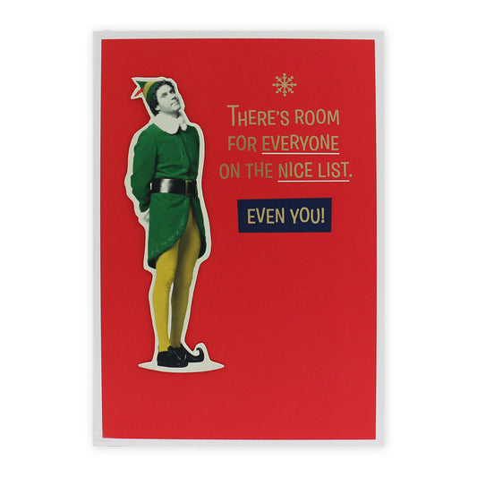 Hallmark Elf Christmas Card - Nice List featuring Buddy from Elf, with 3D plaque and gold foil highlights on a bright red background.