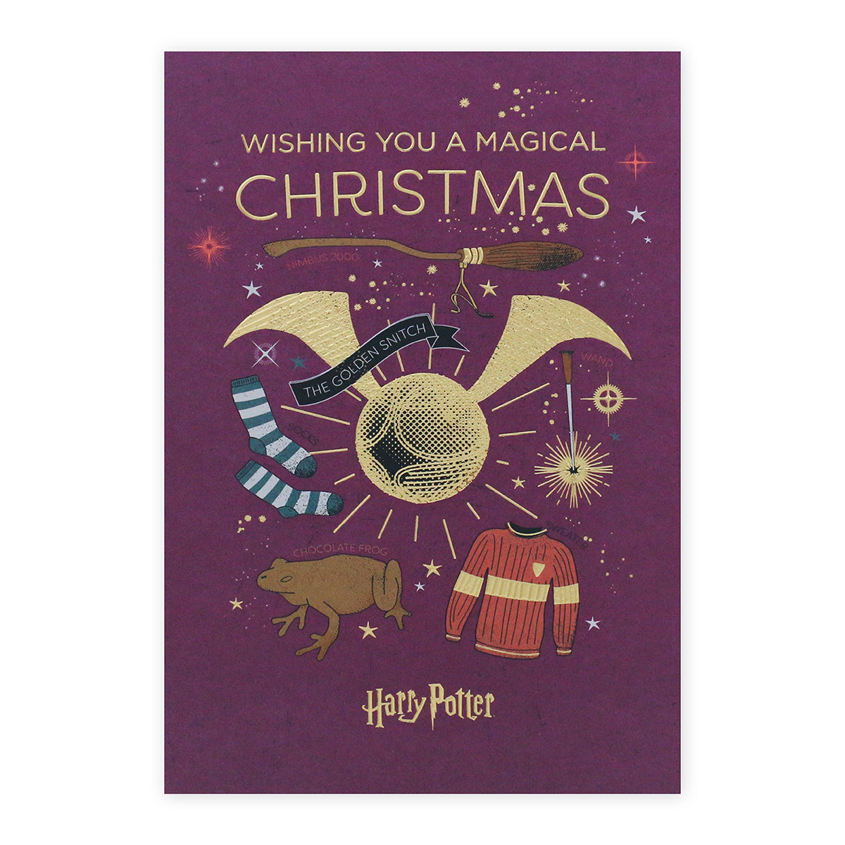 Hallmark Harry Potter Christmas Card - Magical featuring gold foil illustrations of a golden snitch, socks, and a chocolate frog.
