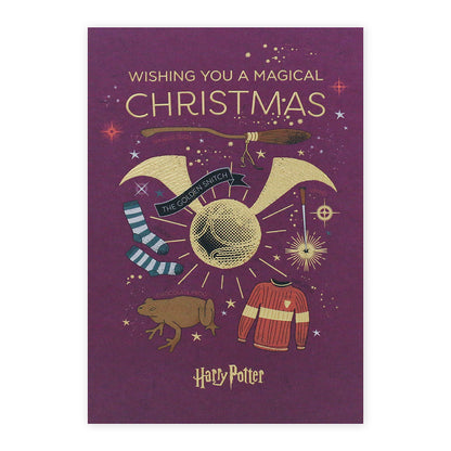 Hallmark Harry Potter Christmas Card - Magical featuring gold foil illustrations of a golden snitch, socks, and a chocolate frog.