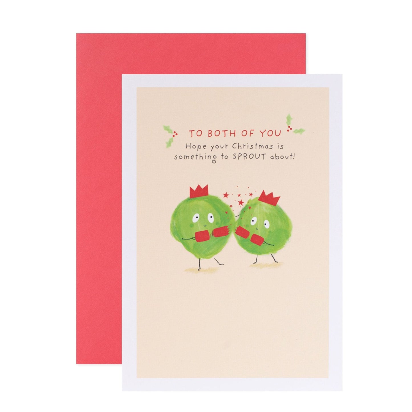 Hallmark Christmas Card For Both Of You - Brussel Sprouts featuring two cheerful brussel sprouts with festive crowns on a light background.