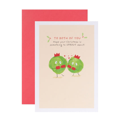 Hallmark Christmas Card For Both Of You - Brussel Sprouts featuring two cheerful brussel sprouts with festive crowns on a light background.