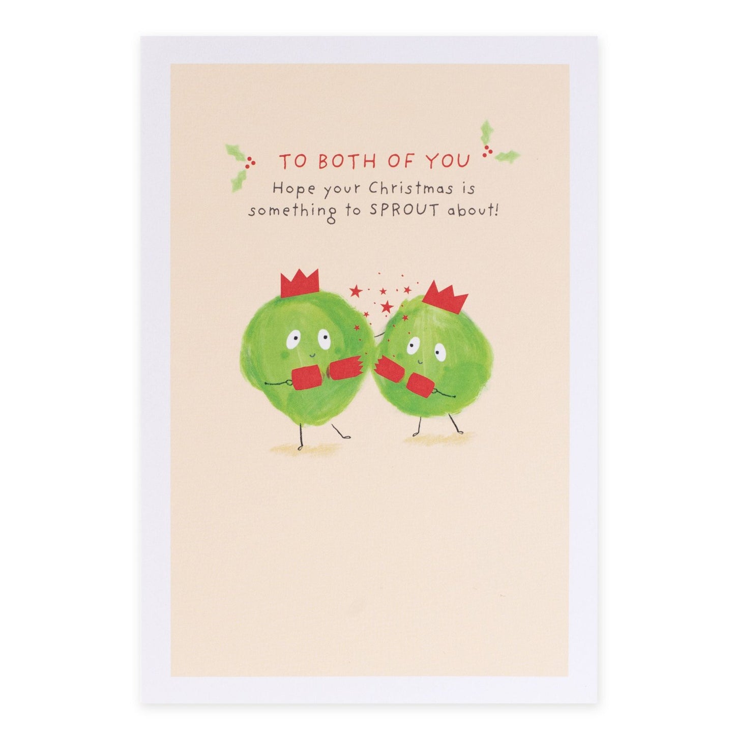Hallmark Christmas Card For Both Of You - Brussel Sprouts with illustrative green brussel sprouts wearing crowns and holding gifts.