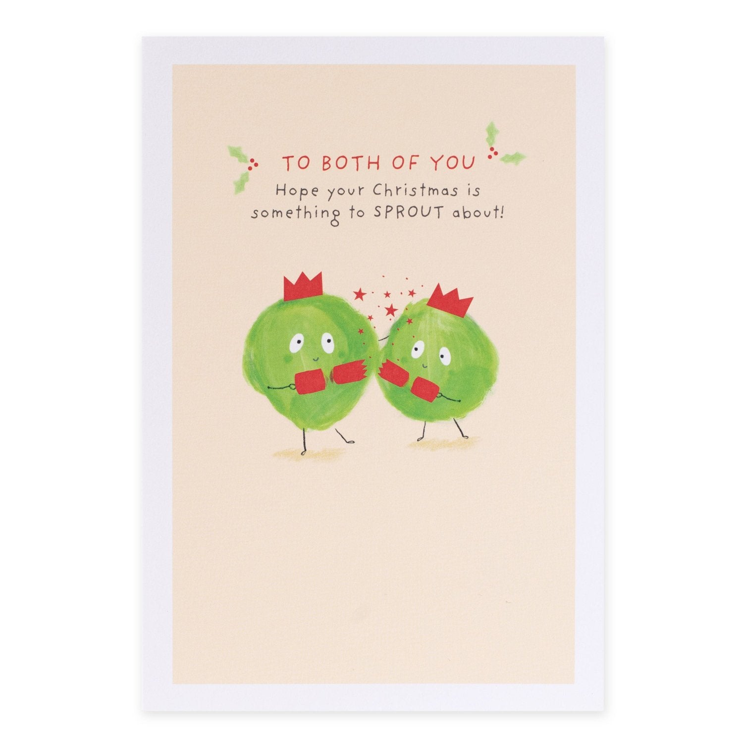 Hallmark Christmas Card For Both Of You - Brussel Sprouts with illustrative green brussel sprouts wearing crowns and holding gifts.
