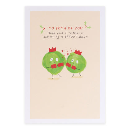 Hallmark Christmas Card For Both Of You - Brussel Sprouts with illustrative green brussel sprouts wearing crowns and holding gifts.