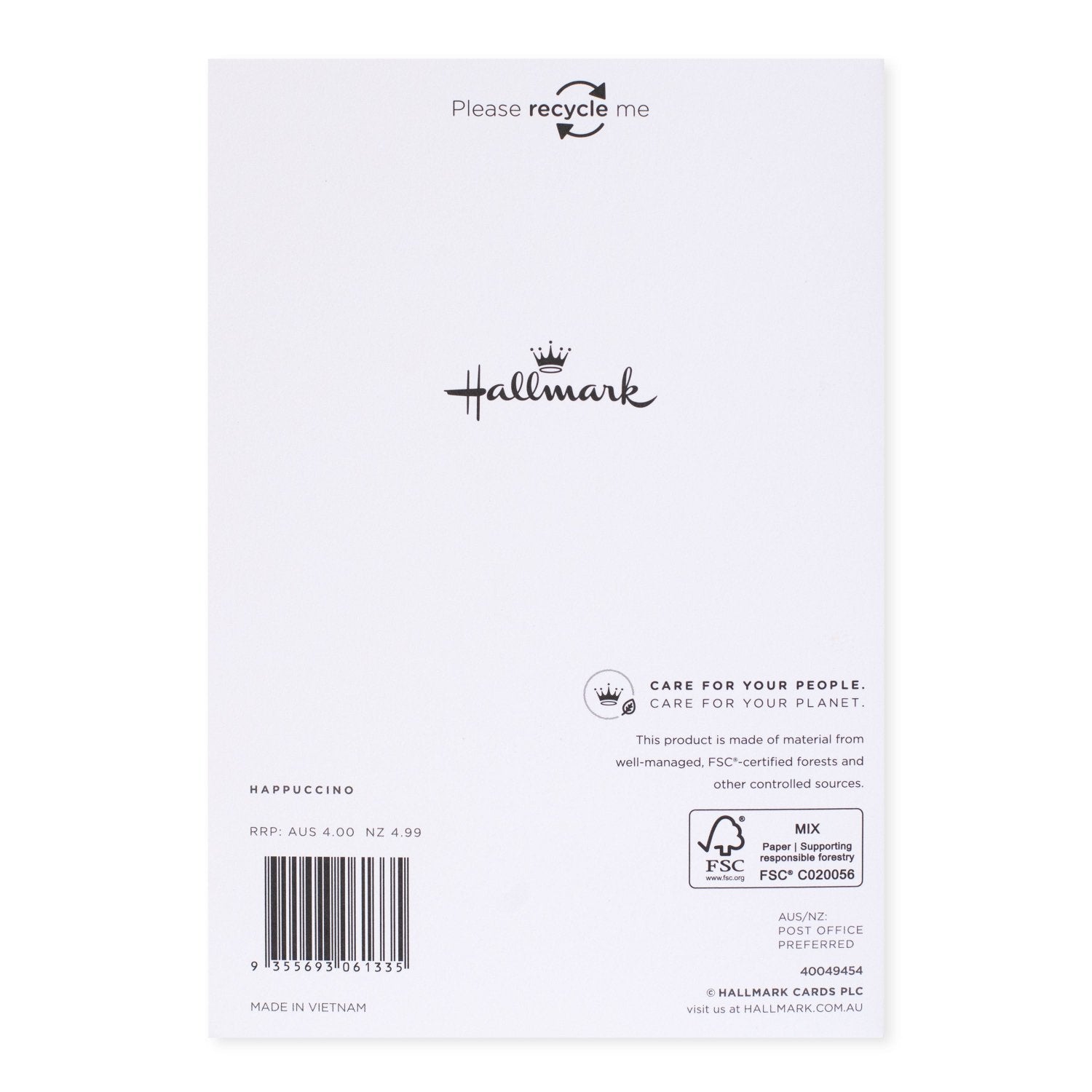 Hallmark Christmas Card For Both Of You - Brussel Sprouts back view, featuring care instructions and recycling details, made in Vietnam.