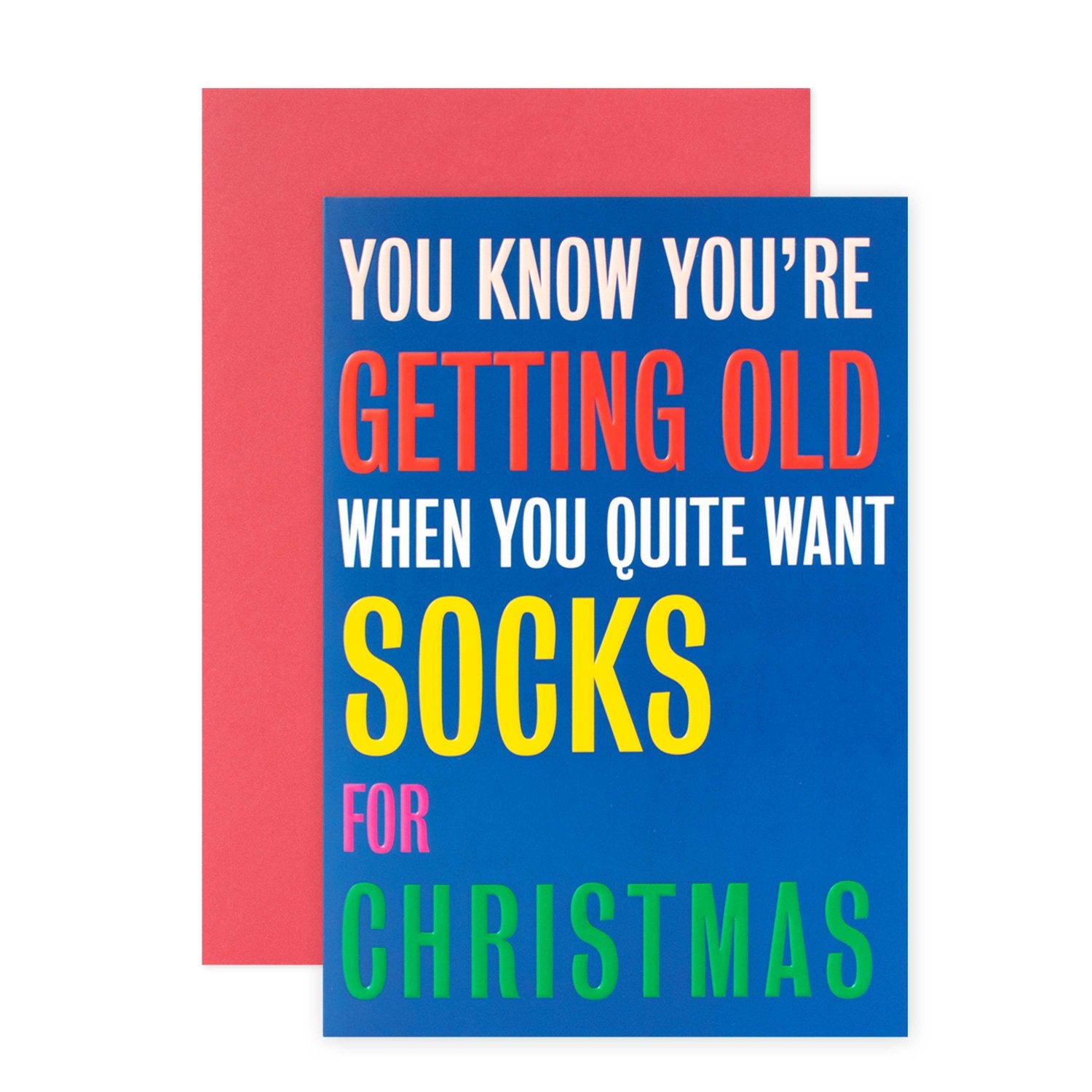 Hallmark Christmas Card - Socks with bright, embossed lettering on a blue background, paired with a red envelope.