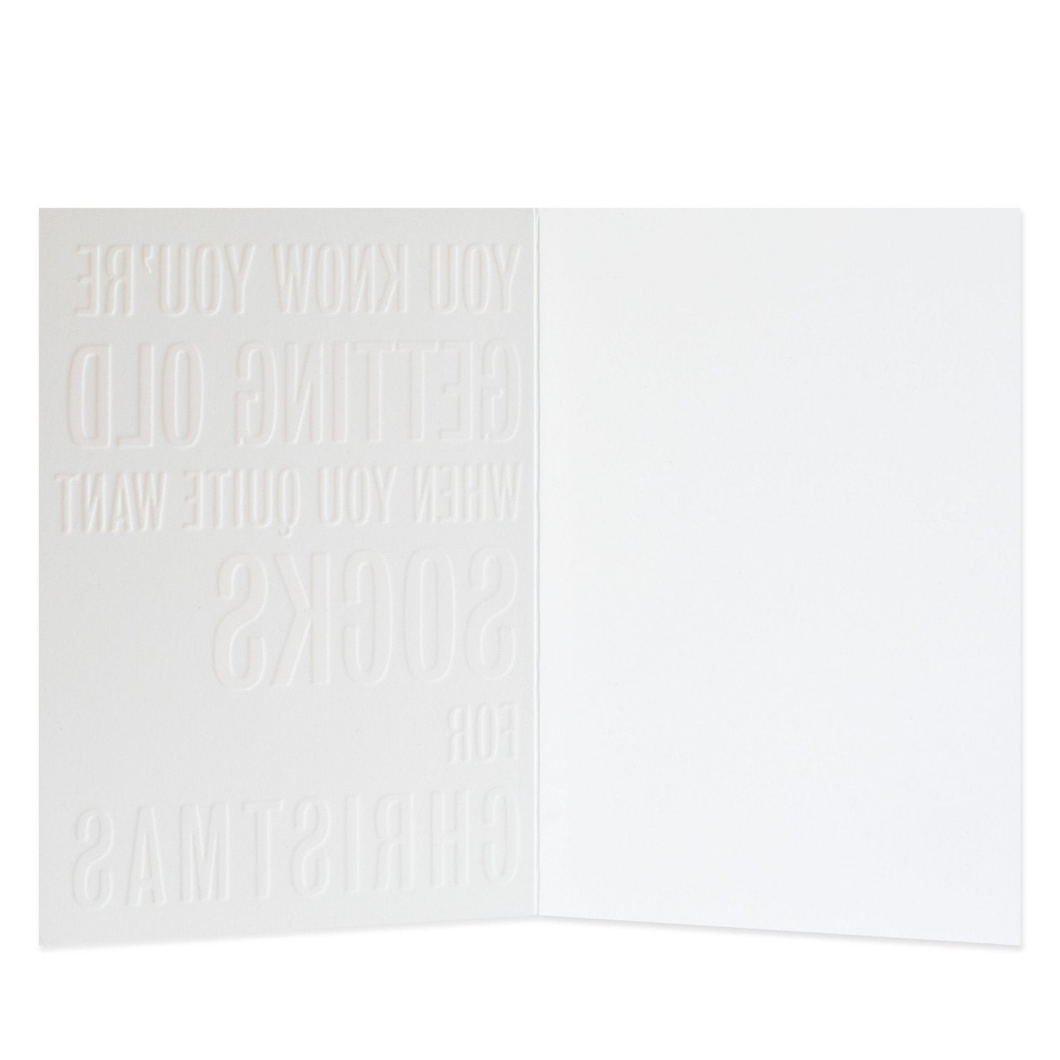 Hallmark Christmas Card - Socks, blank inside, with embossed funny message about socks, viewed open for detail