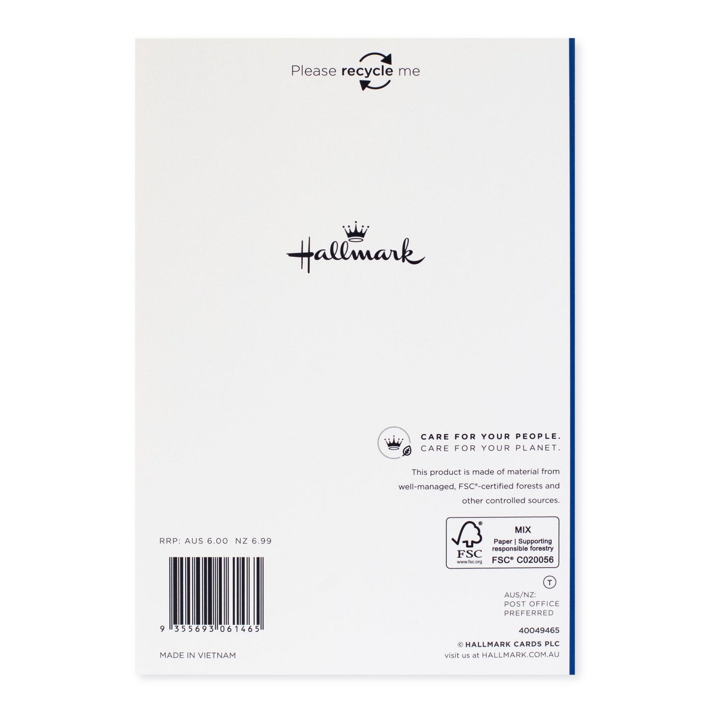 Hallmark Christmas Card - Socks back view, featuring recycling message and care instructions, minimalist design.