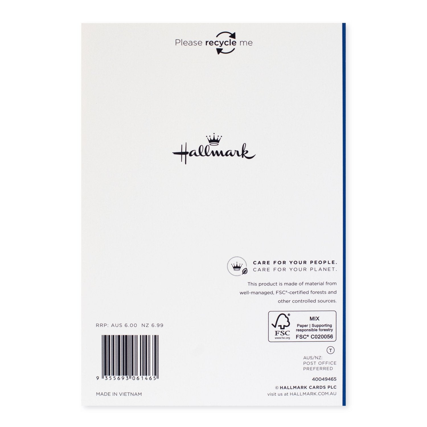 Hallmark Christmas Card - Socks back view, featuring recycling message and care instructions, minimalist design.
