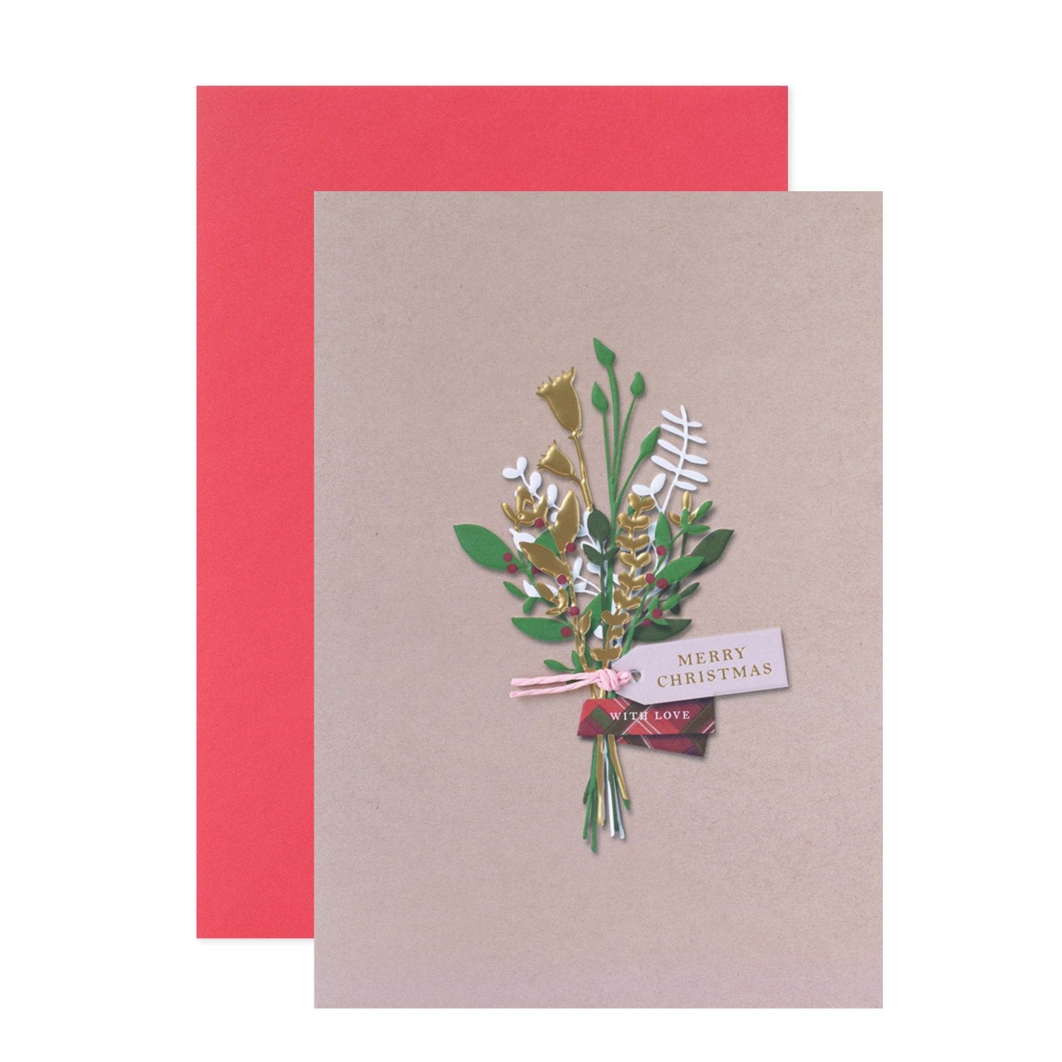 Hallmark Christmas Card - With Love featuring embossed Christmas bouquet illustration and gold foil accents, flat lay view.