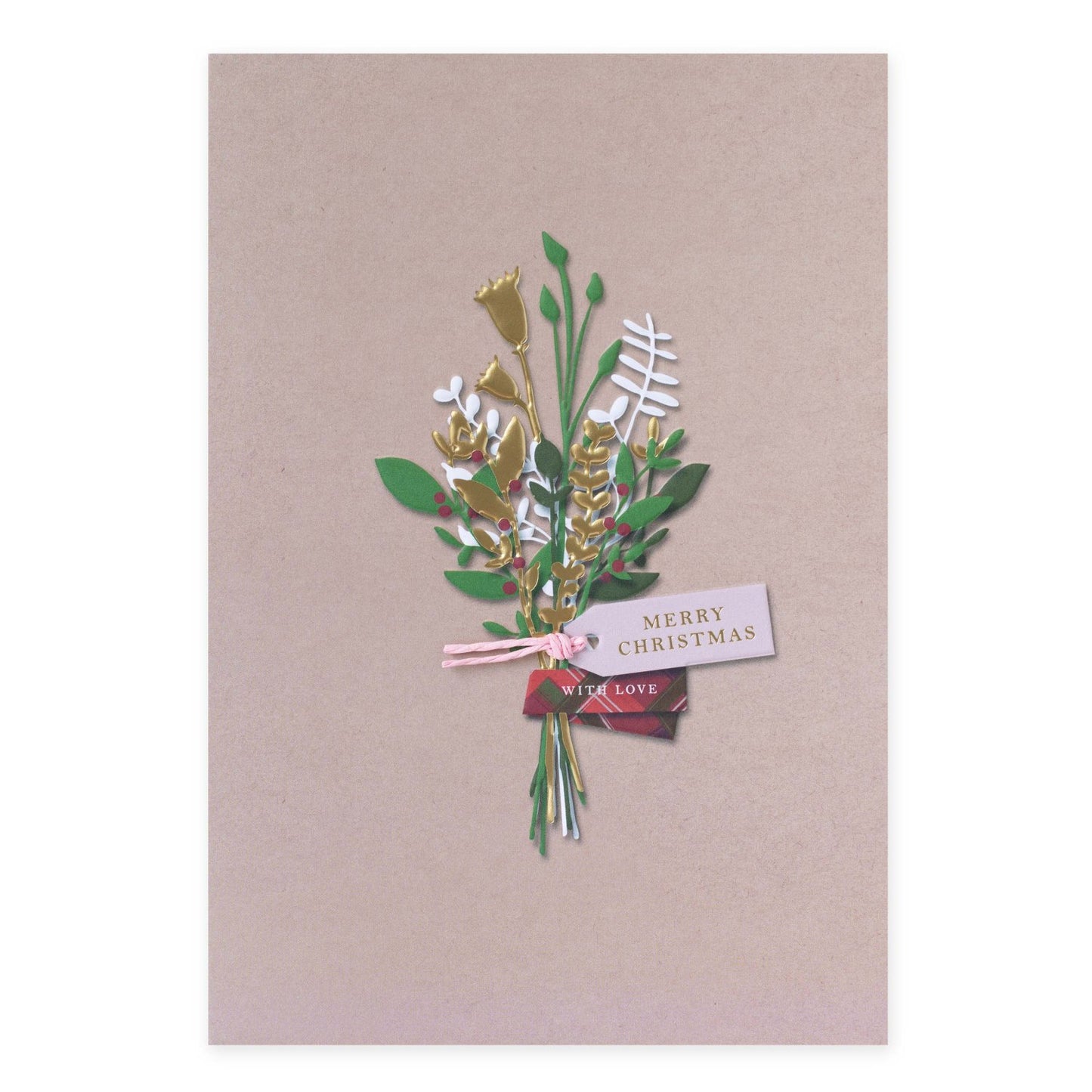 Hallmark Christmas Card - With Love featuring a floral bouquet design with gold foil and a pink ribbon detail on a kraft background.