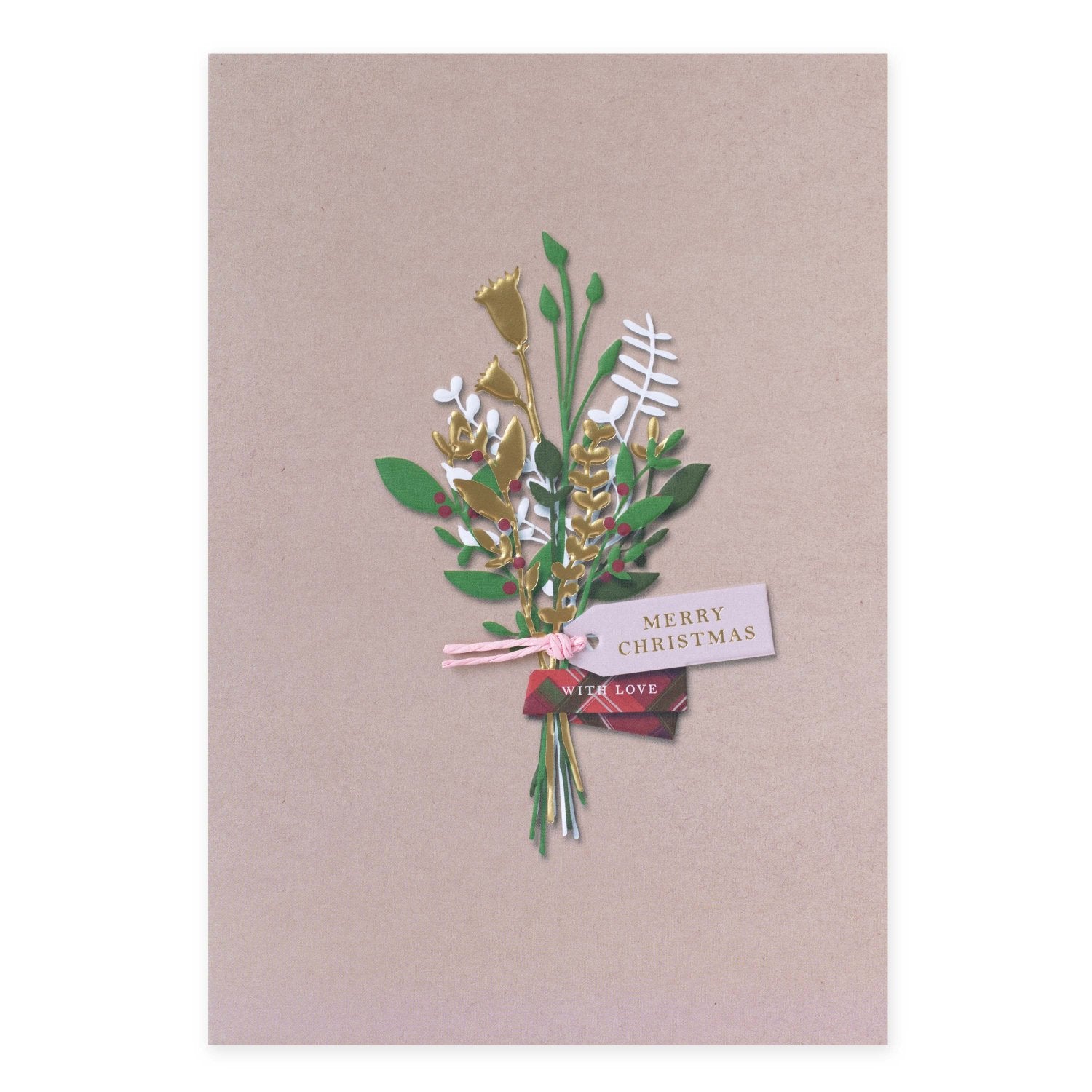Hallmark Christmas Card - With Love featuring a floral bouquet design with gold foil and a pink ribbon detail on a kraft background.