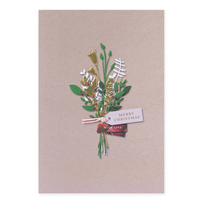 Hallmark Christmas Card - With Love featuring a floral bouquet design with gold foil and a pink ribbon detail on a kraft background.