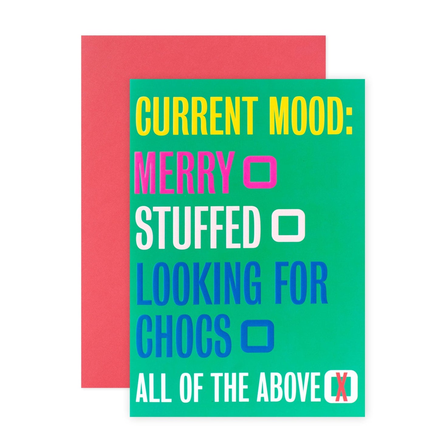 Hallmark Christmas Card - Current Mood features colourful text on green background with a red envelope, displaying humorous phrases.