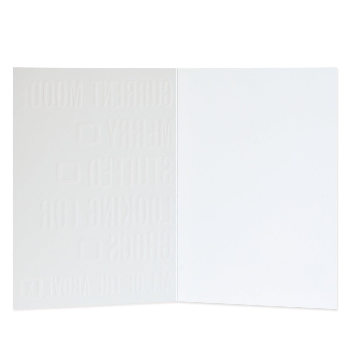 Hallmark Christmas Card - Current Mood interior view featuring embossed message sections, blank space for personal note.