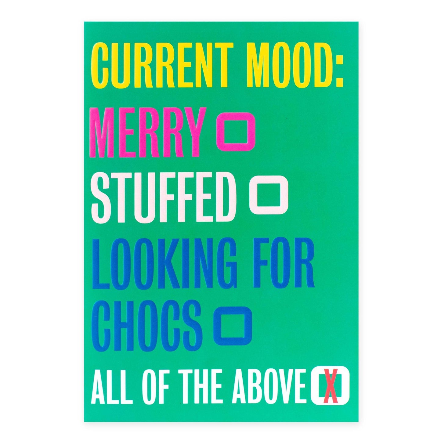Hallmark Christmas Card - Current Mood featuring colourful text and boxed options, close-up view of card design.
