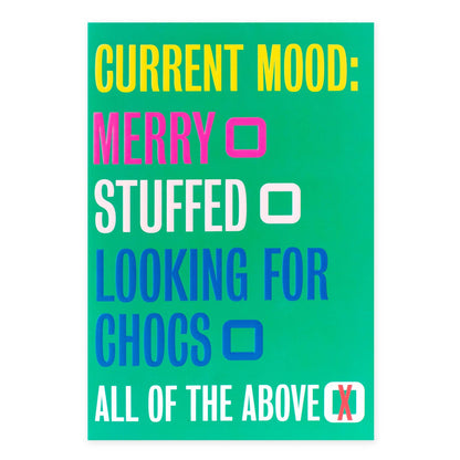 Hallmark Christmas Card - Current Mood featuring colourful text and boxed options, close-up view of card design.