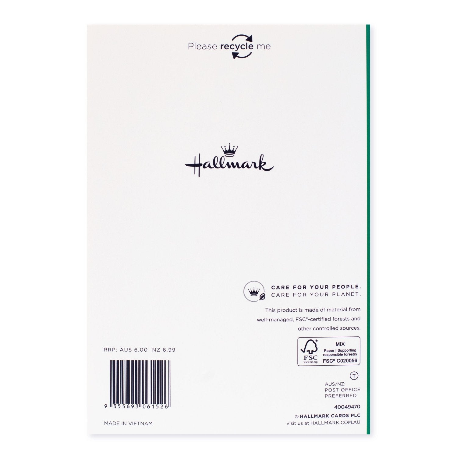Hallmark Christmas card - Current Mood, back design featuring recycling message and brand logo on white background