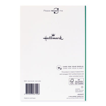 Hallmark Christmas card - Current Mood, back design featuring recycling message and brand logo on white background