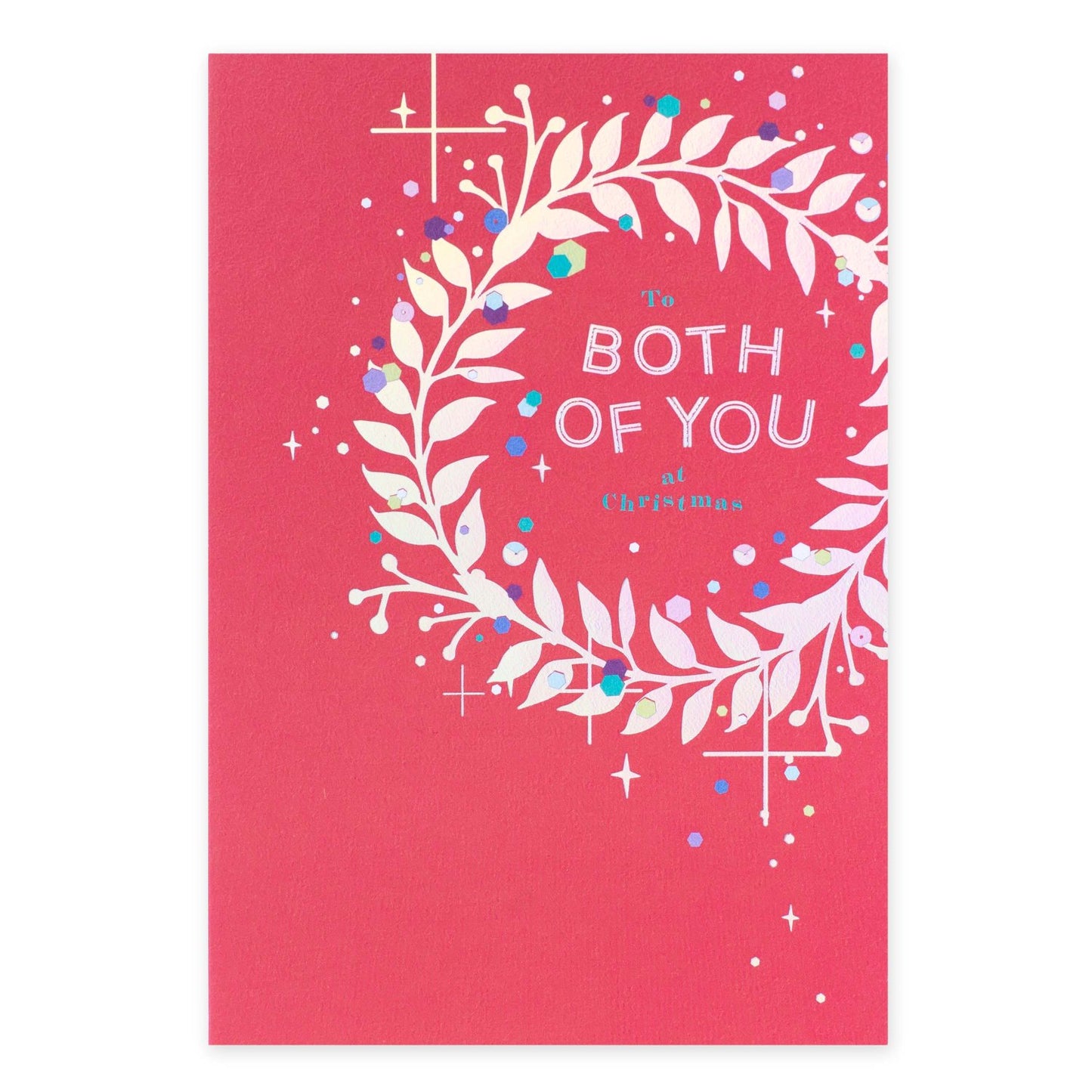 Hallmark Christmas Card For Both Of You - With Love, pink design featuring a wreath, stars, and silver highlights.
