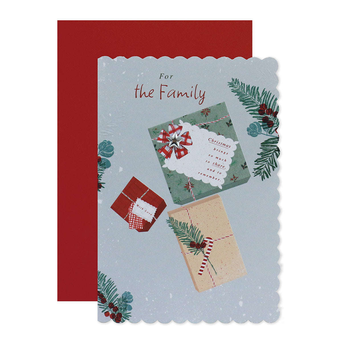Hallmark Christmas Card For Family - Share & Remember featuring festive illustrations and scalloped edges, with a red envelope backdrop.