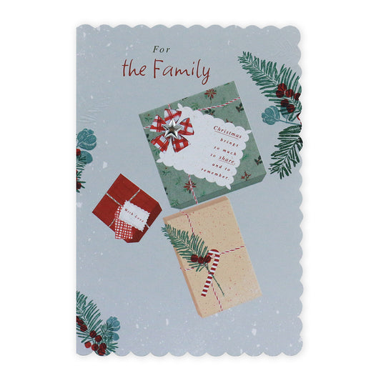 Hallmark Christmas Card For Family - Share & Remember, featuring embossed gifts and scalloped edges on a light blue background.