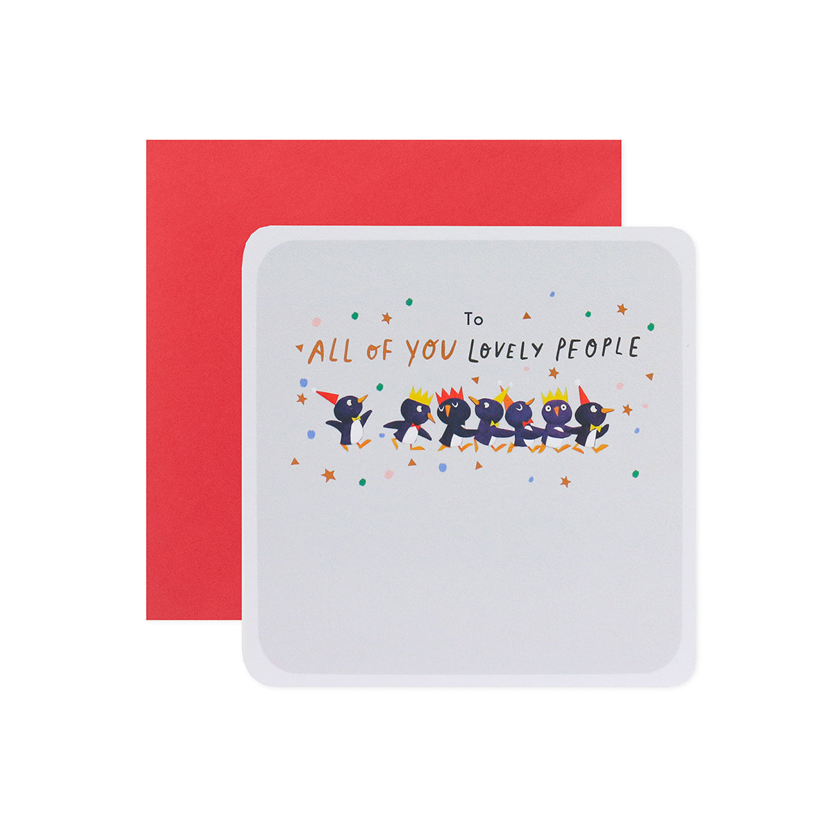 Hallmark Christmas Card For All - Penguin Party featuring festive penguins in hats with colourful confetti on a white background and red envelope.