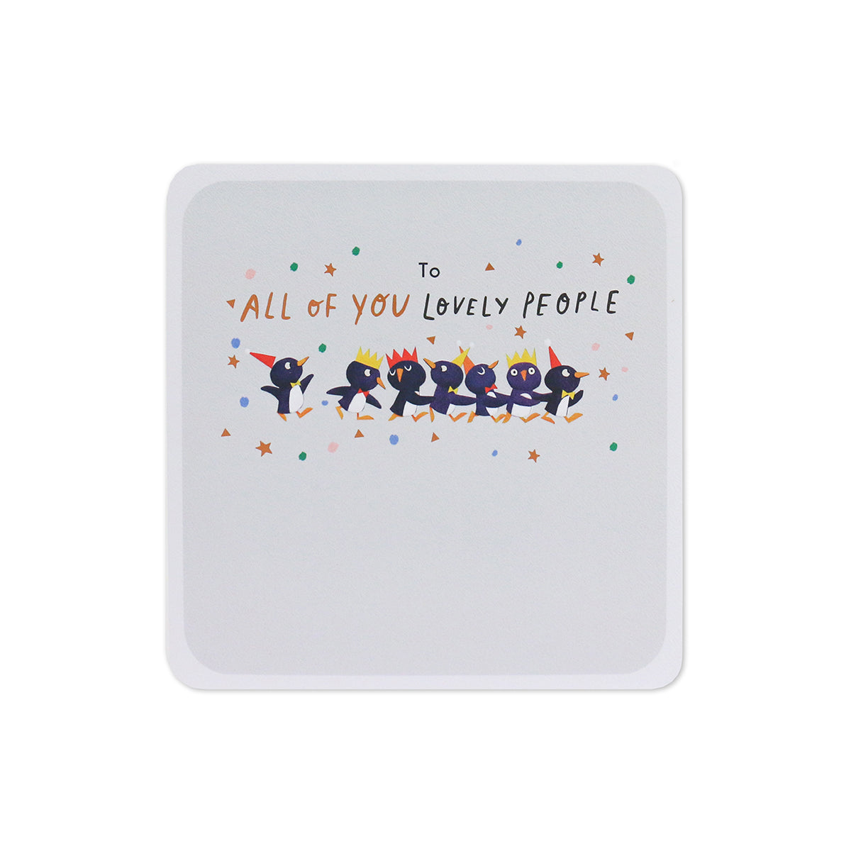 Hallmark Christmas Card For All - Penguin Party with colourful confetti and penguins in Christmas hats, flat lay design.