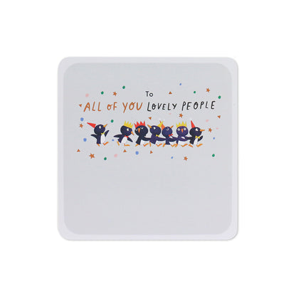Hallmark Christmas Card For All - Penguin Party with colourful confetti and penguins in Christmas hats, flat lay design.