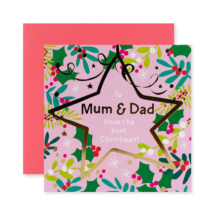 Hallmark Christmas Card For Mum & Dad - Everything You Wish, colourful floral design with gold foil star and red envelope, flat lay view