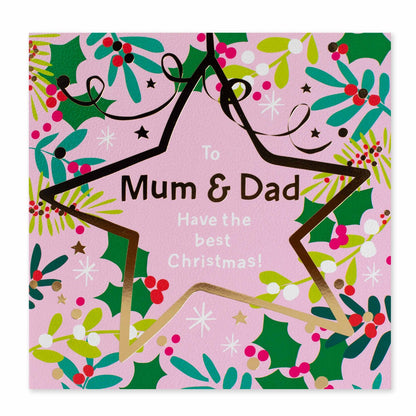 Hallmark Christmas card for Mum & Dad - Everything You Wish featuring colourful holly illustrations and gold foil star detail.