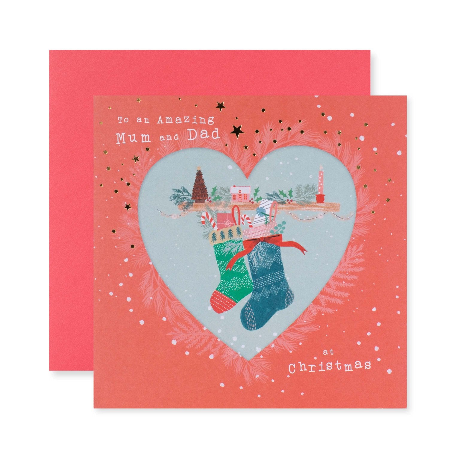 Hallmark Christmas card for Mum & Dad - Love You Both, square card with heart-shaped cutout displaying illustrated stockings.