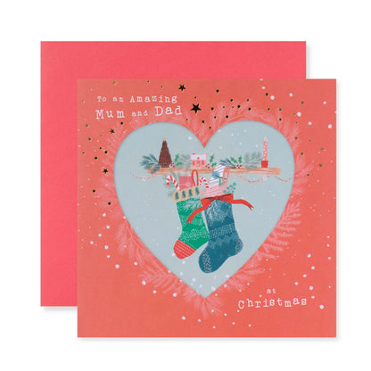 Hallmark Christmas card for Mum & Dad - Love You Both, square card with heart-shaped cutout displaying illustrated stockings.