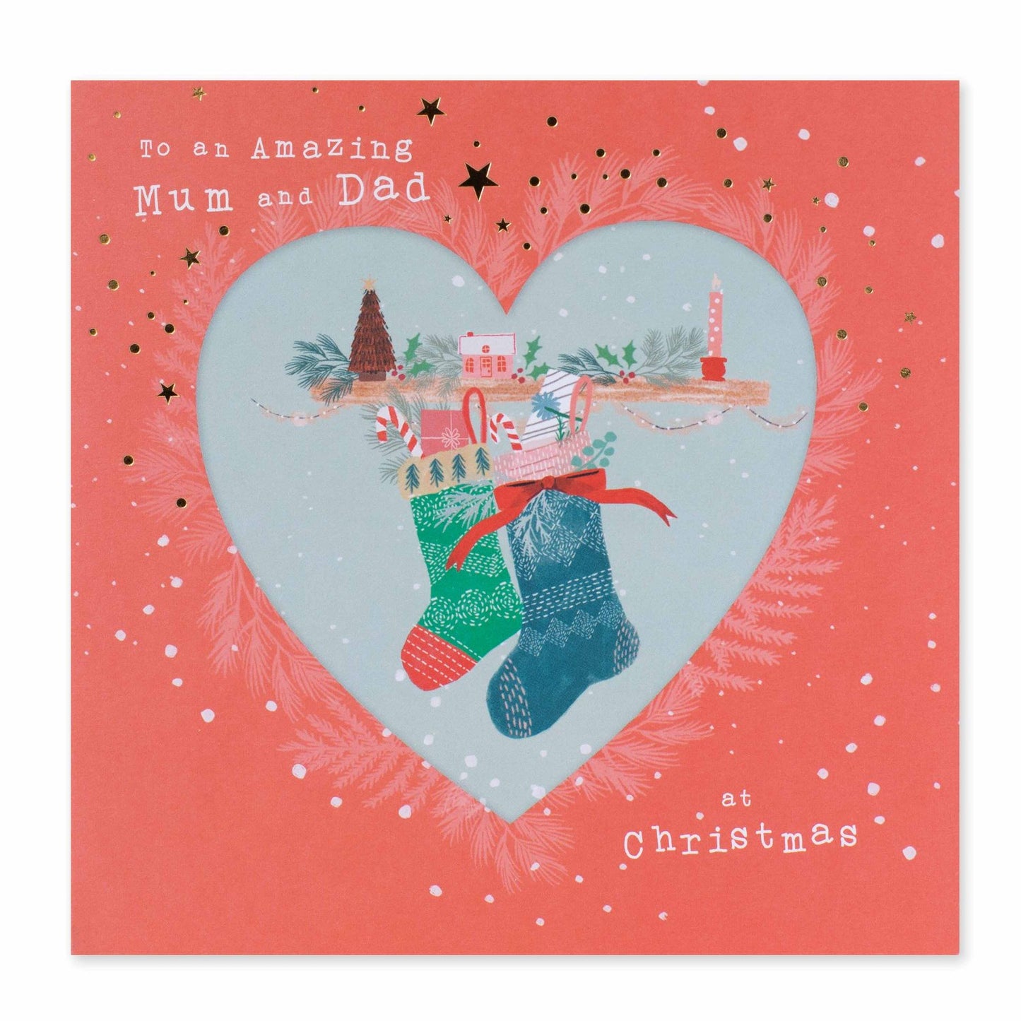 Hallmark Christmas card for Mum & Dad - Love You Both with heart design, featuring festive stockings and gold foil highlights