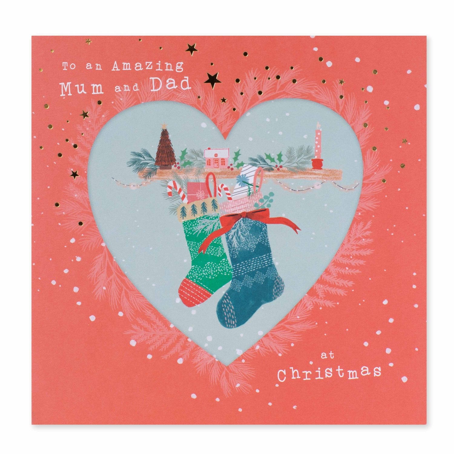 Hallmark Christmas card for Mum & Dad - Love You Both with heart design, featuring festive stockings and gold foil highlights