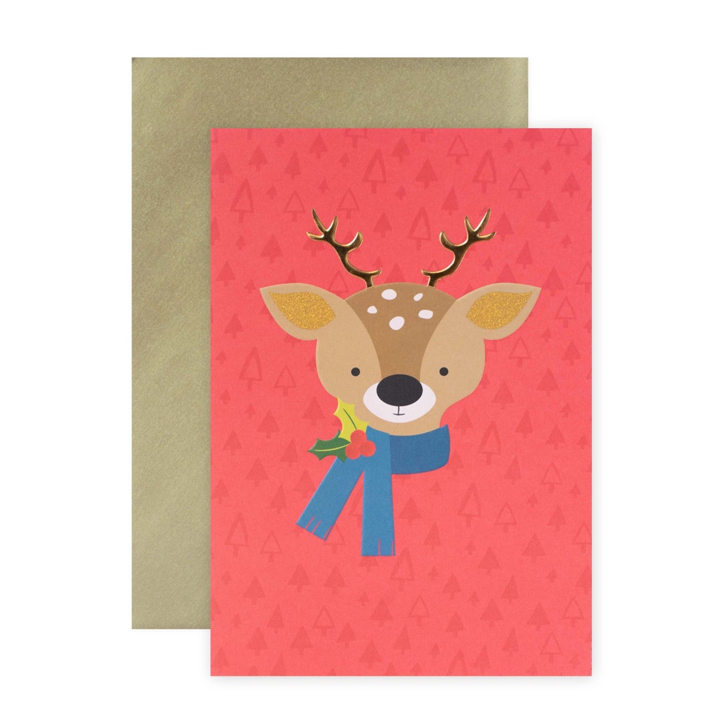 Hallmark Christmas card - Little Reindeer featuring a cute reindeer illustration with a blue scarf against a pink background.