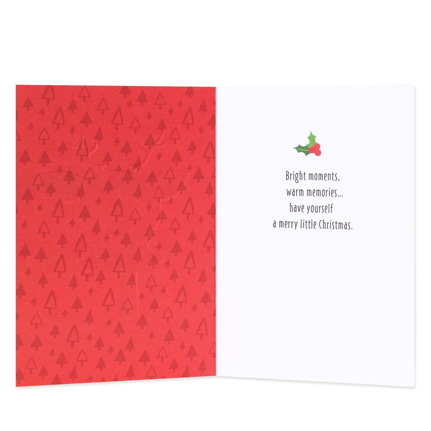Hallmark Christmas Card - Little Reindeer interior view with red tree pattern and festive message for Christmas wishes.