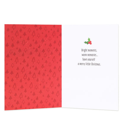 Hallmark Christmas Card - Little Reindeer interior view with red tree pattern and festive message for Christmas wishes.