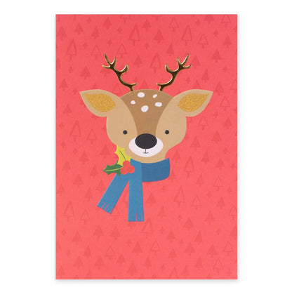 Hallmark Christmas Card - Little Reindeer featuring an illustration of a reindeer with a scarf and gold accents on a red background.