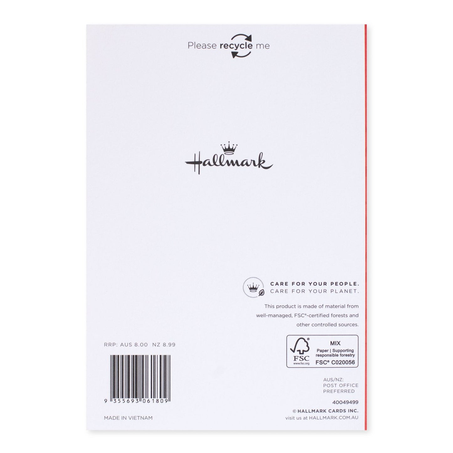 Hallmark Christmas Card - Little Reindeer back cover showing recycling message and care instructions, flat lay view.