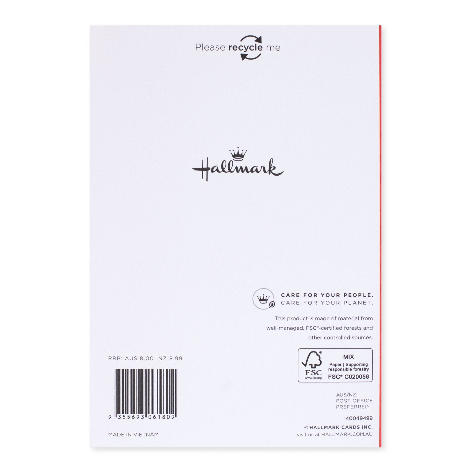 Hallmark Christmas Card - Little Reindeer back cover showing recycling message and care instructions, flat lay view.