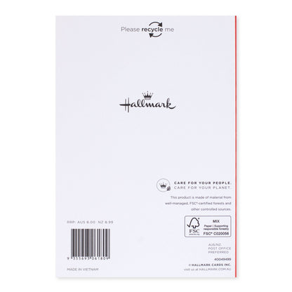 Hallmark Christmas Card - Little Reindeer back cover showing recycling message and care instructions, flat lay view.