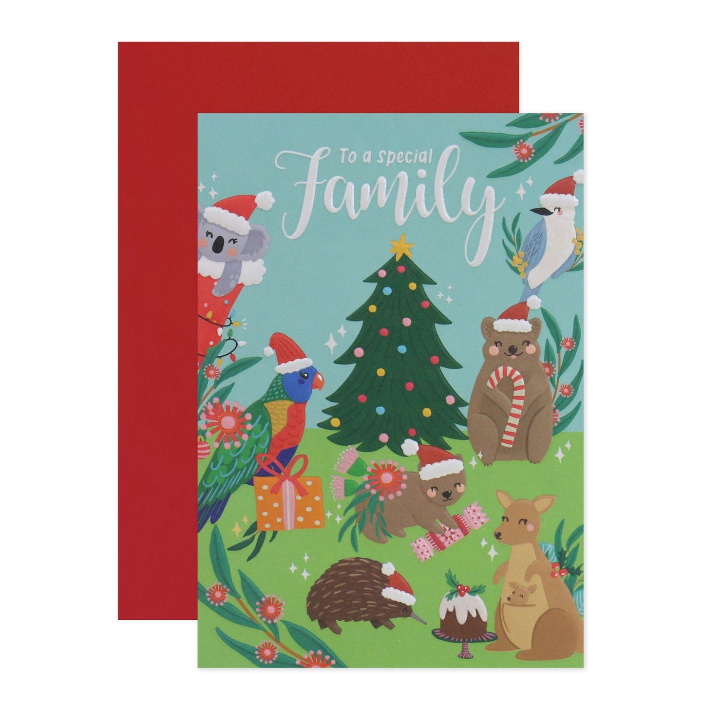 Hallmark x Christie Williams Christmas Card - To A Special Family featuring Australian animals celebrating around a decorated Christmas tree with gifts.
