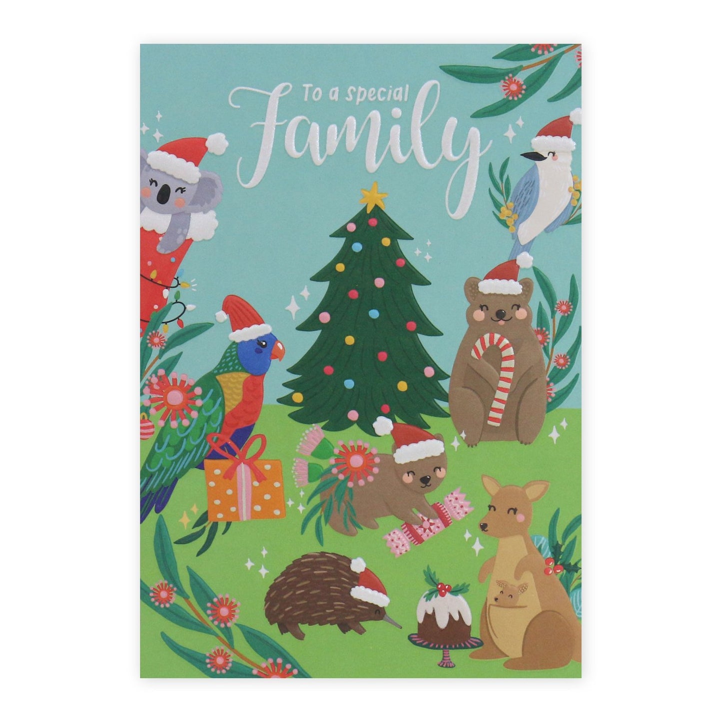 Hallmark x Christie Williams Christmas Card - To A Special Family featuring Australian wildlife in festive hats, with a decorated Christmas tree.