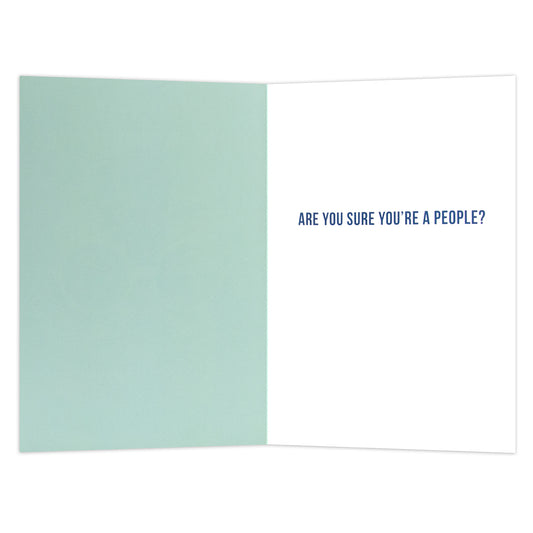 Hallmark Shoebox Greeting Card - Kevin The Cat, interior view, featuring a witty blue text message on white paper.