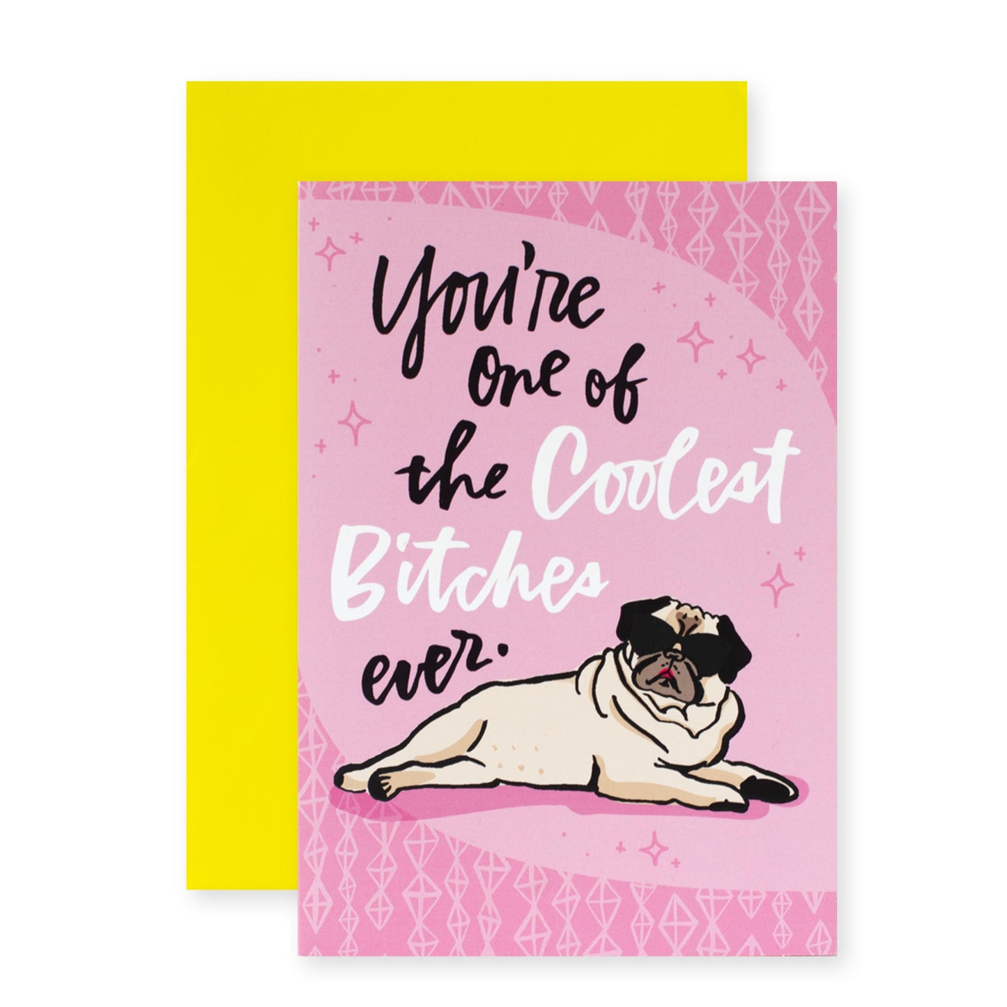 Hallmark Shoebox Birthday Card - One of the Coolest with a pug illustration, pink design, and yellow envelope.