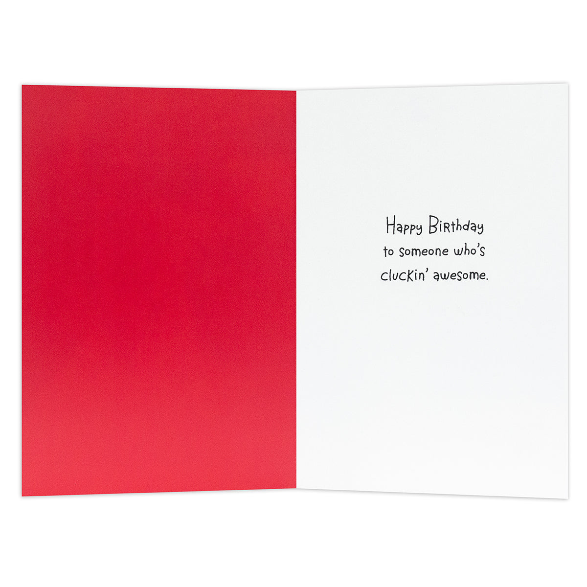 Hallmark Shoebox Birthday Card - Cluckin' Awesome, interior view showing red and white design with birthday message.